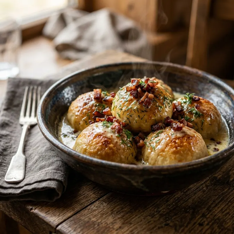 Latgales kļockas dumplings served in a ceramic bowl with cream sauce and bacon