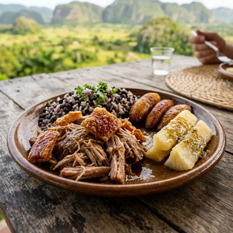 Authentic Cuban Lechón Asado with moros y cristianos and fried plantains