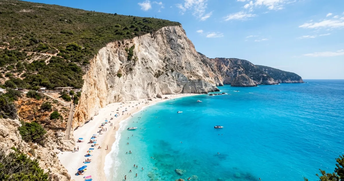 Dramatic wide view of Porto Katsiki beach in Lefkada with white cliffs and turquoise water