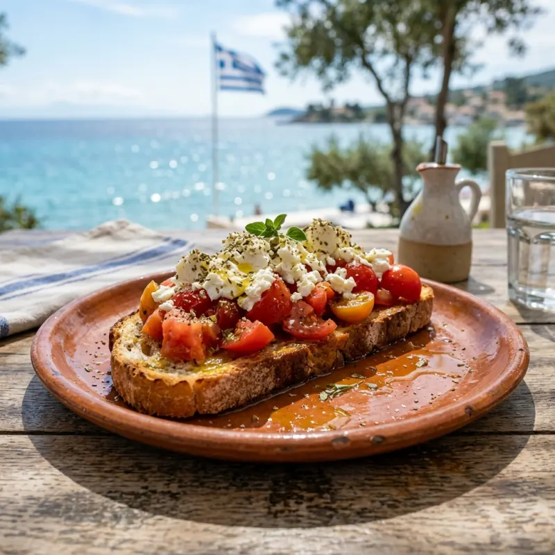 Authentic Lefkaditiki Riganada with tomatoes, feta cheese, and olive oil on a rustic plate overlooking the sea