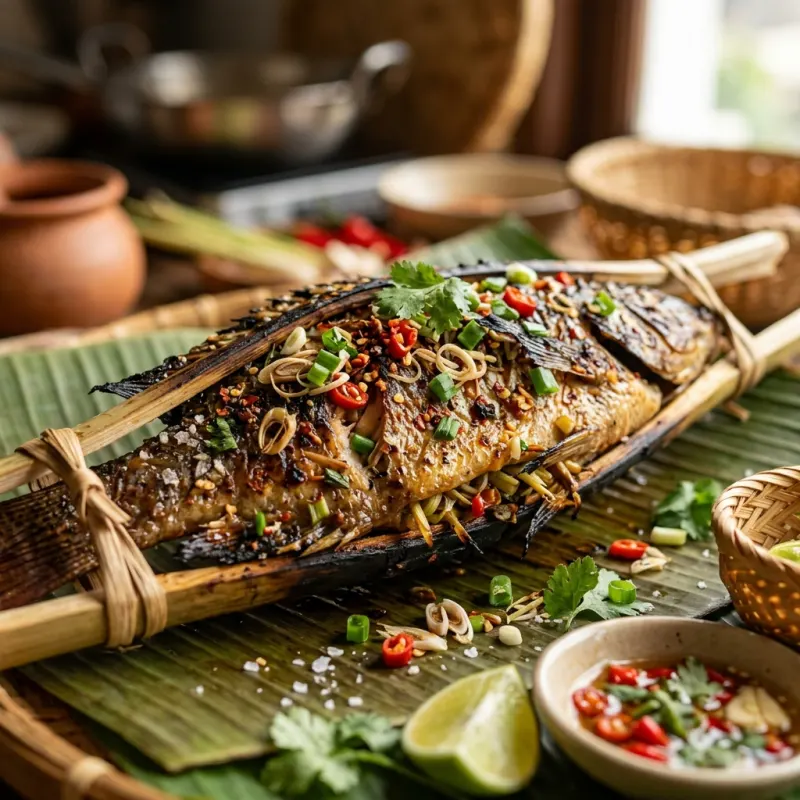 Dai style lemongrass grilled tilapia fish served on banana leaf in Jinghong Yunnan