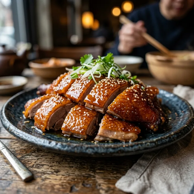 Authentic Leshan Sweet-Skin Duck with glossy caramelized skin on a ceramic plate