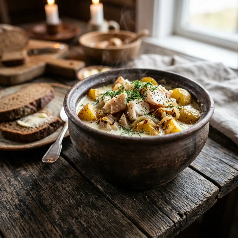 Liepājas Mencis baked smoked cod dish in a clay pot