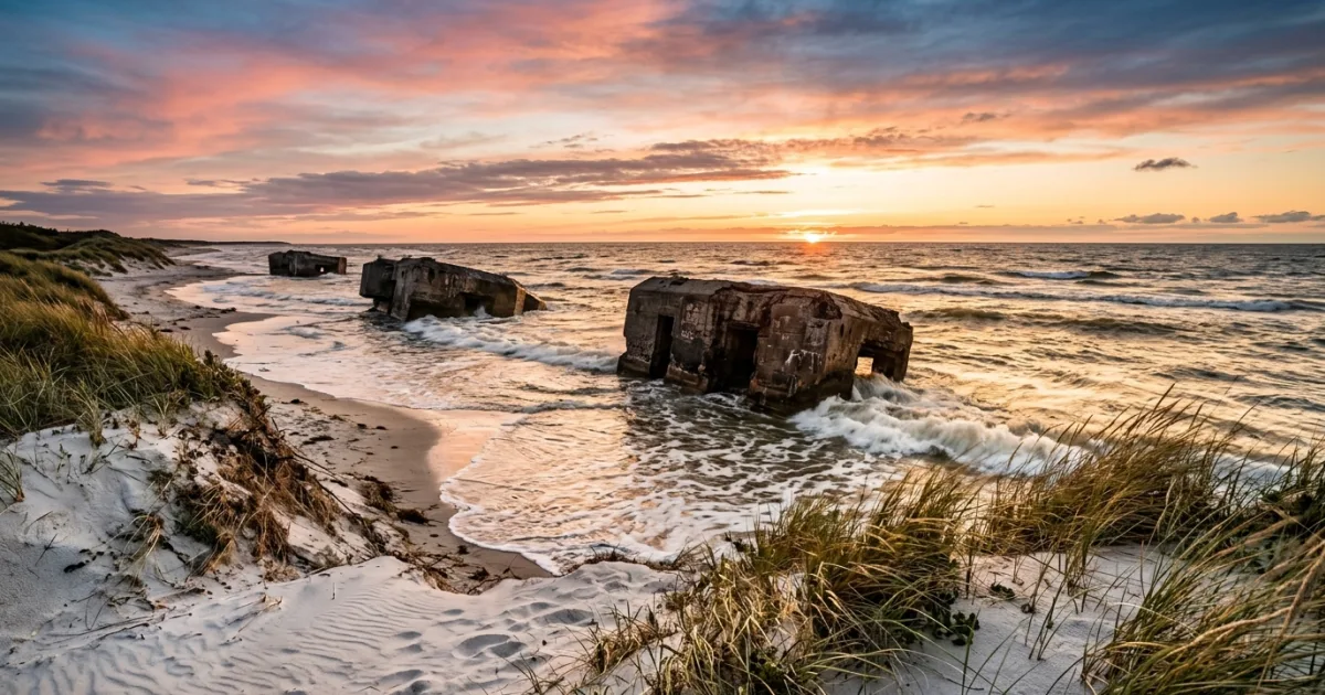 Sunset over the Baltic Sea and coastal ruins in Liepaja Latvia