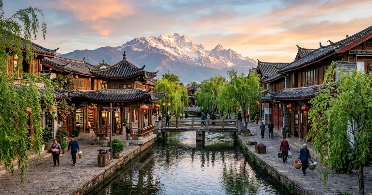 Panoramic view of Lijiang ancient town with Jade Dragon Snow Mountain in the background