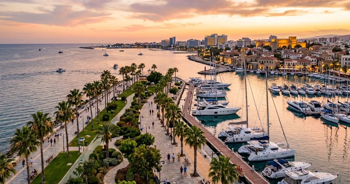 Panoramic view of Limassol waterfront and marina at sunset in Cyprus
