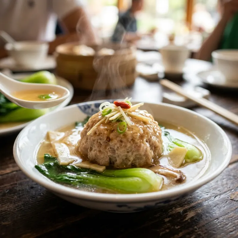 Authentic Jiangsu Huaiyang style stewed Lion's Head meatball served in clear broth with greens