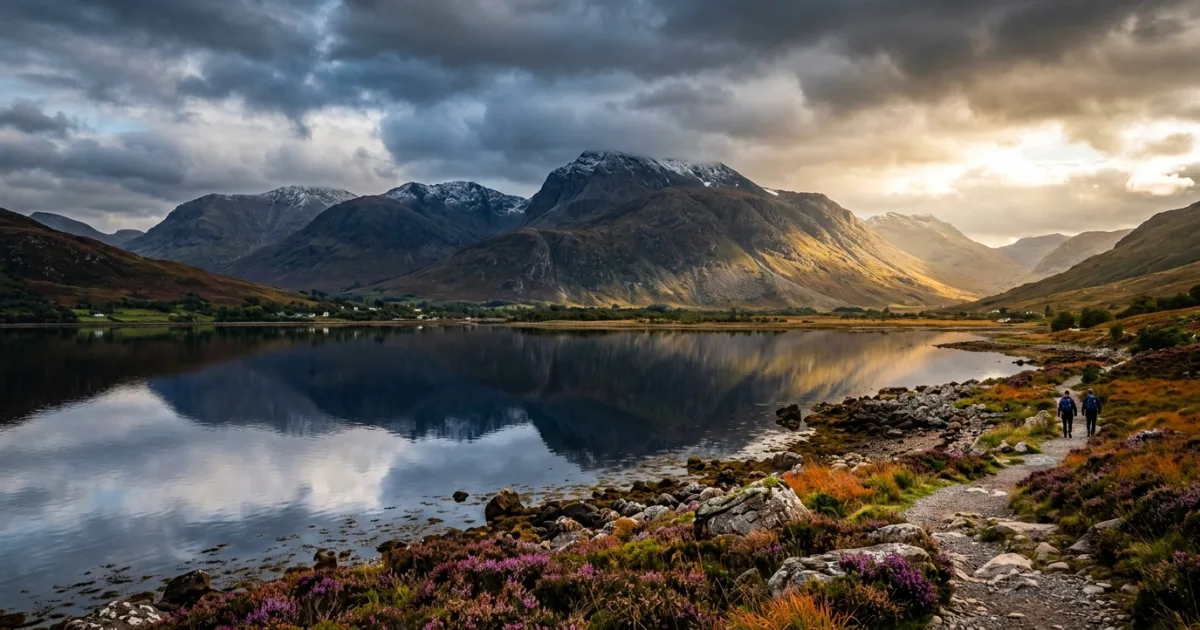 Panoramic view of Lochaber mountains and reflective loch waters in the Scottish Highlands