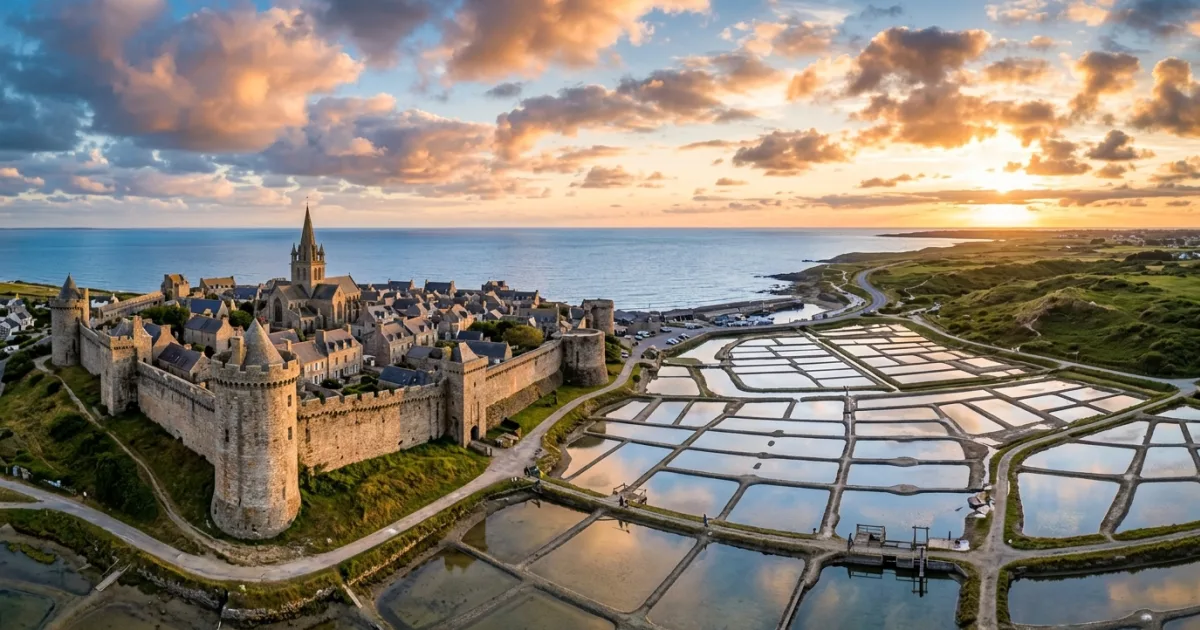 Panoramic view of Loire-Atlantique coastal salt marshes and historic fortifications at golden hour.