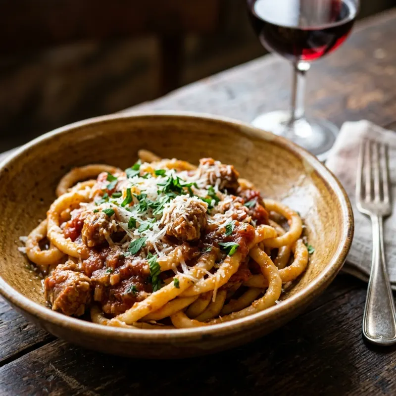 Lombrichelli alla Viterbese pasta served in a rustic earthenware dish with sausage ragu