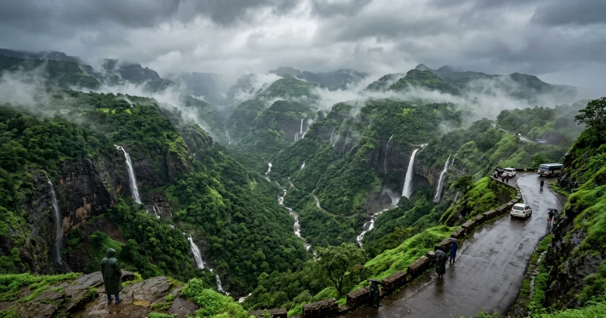 Lush green misty mountains and waterfalls in Lonavala during the monsoon season