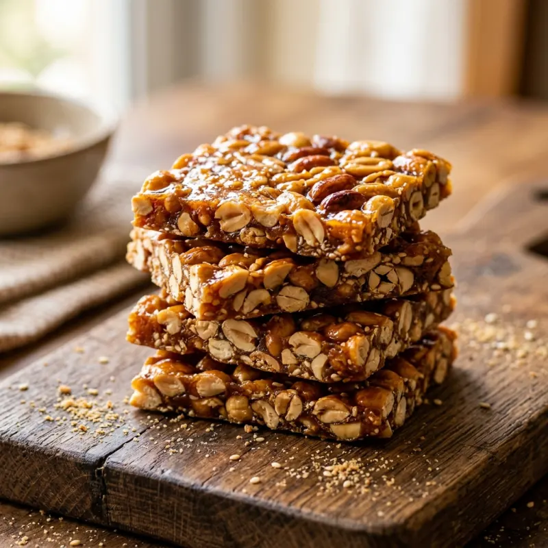 Golden-brown peanut and jaggery chikki brittle slabs stacked on a wooden board