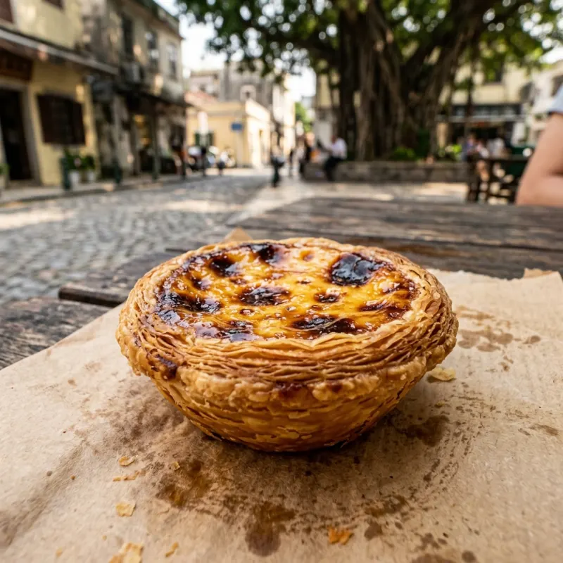 Freshly baked Portuguese egg tart with caramelized custard and flaky crust in Coloane