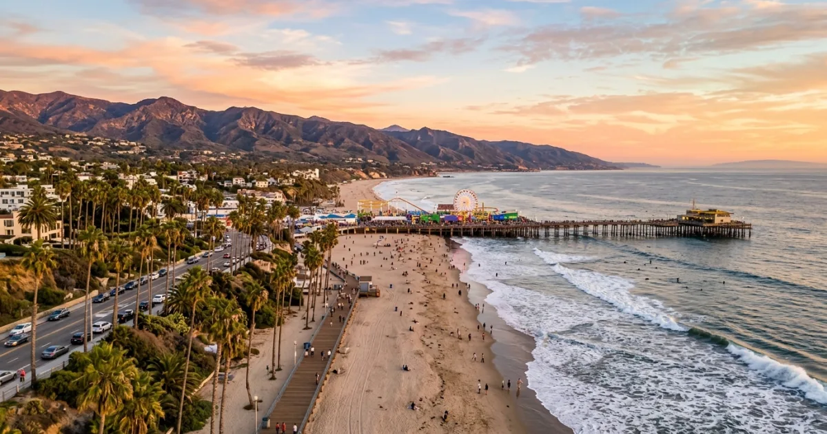 Panoramic view of Santa Monica Pier and coastline in Los Angeles County at sunset