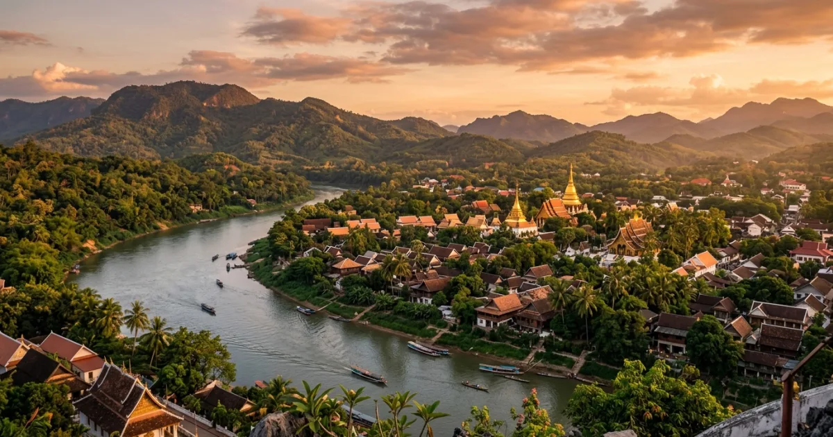Panoramic golden hour view of Luang Prabang peninsula along the Mekong River