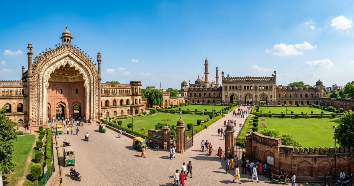 Architectural view of the historic Rumi Darwaza and Bara Imambara complex in Lucknow, India.