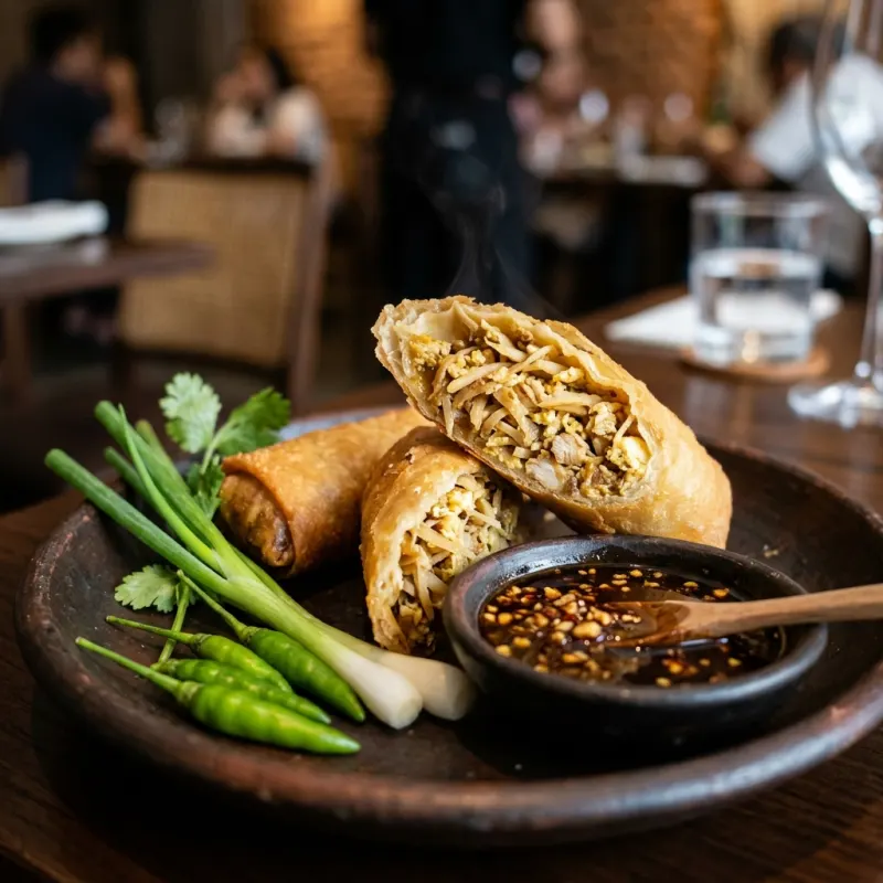 Authentic Lunpia Semarang spring rolls served with dipping sauce and fresh chilies