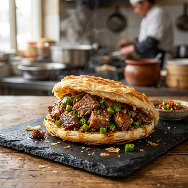 Golden flaky Chinese donkey burger stuffed with minced braised meat and green pepper