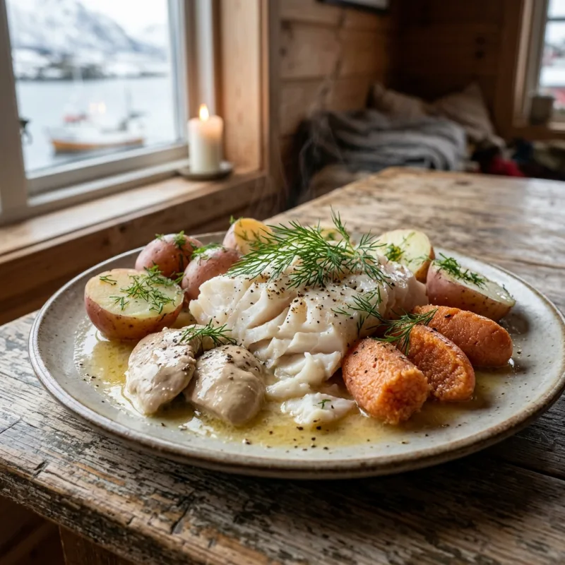 Traditional Norwegian Arctic cod dish with liver, roe, and boiled potatoes