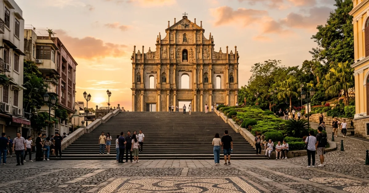 Wide-angle view of the historic Ruins of St. Paul's facade on Macau Peninsula at golden hour