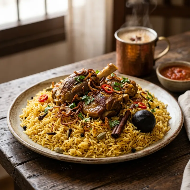 Authentic Emirati Machboos Laham spiced lamb with seasoned rice