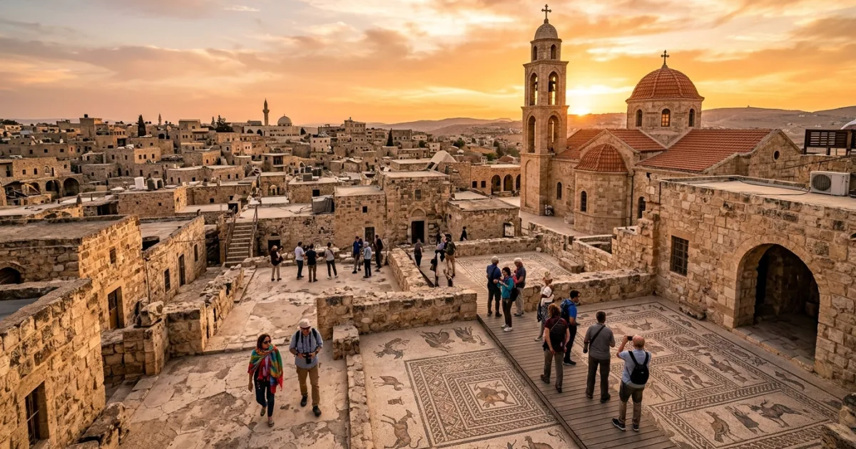 Panoramic view of the historic town of Madaba in Jordan featuring stone churches and ancient mosaics