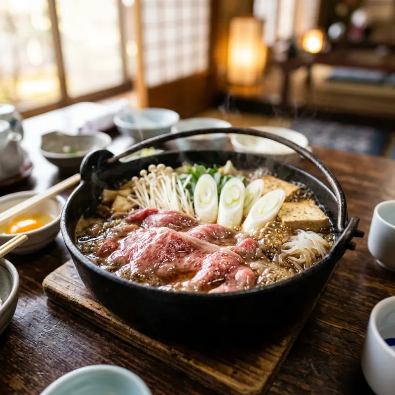 Japanese iron pot filled with Maesawa beef sukiyaki and vegetables