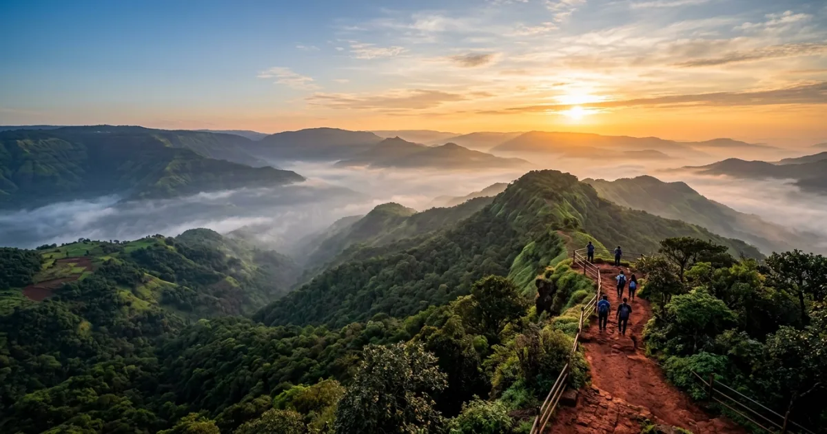 Panoramic view of misty mountain valleys and green peaks in Mahabaleshwar