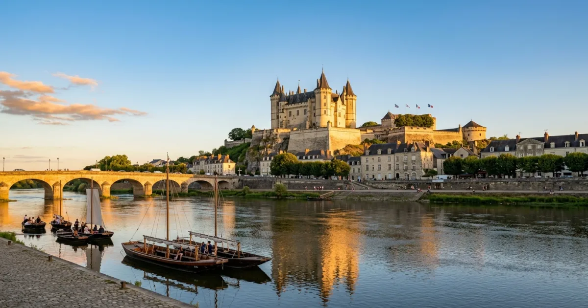 Panoramic view of Château de Saumur overlooking the Loire River in Maine-et-Loire