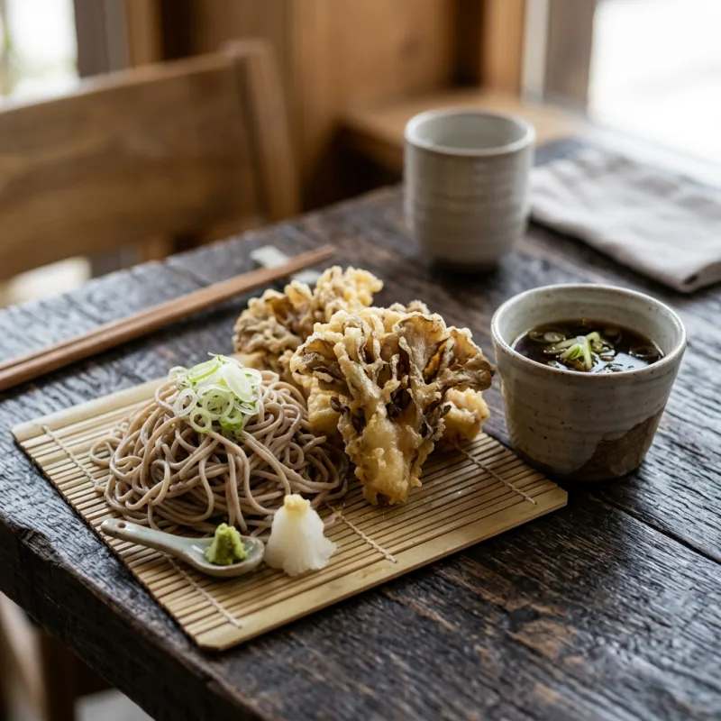 Authentic Japanese Maitake Tempura Soba with wild mushrooms and buckwheat noodles