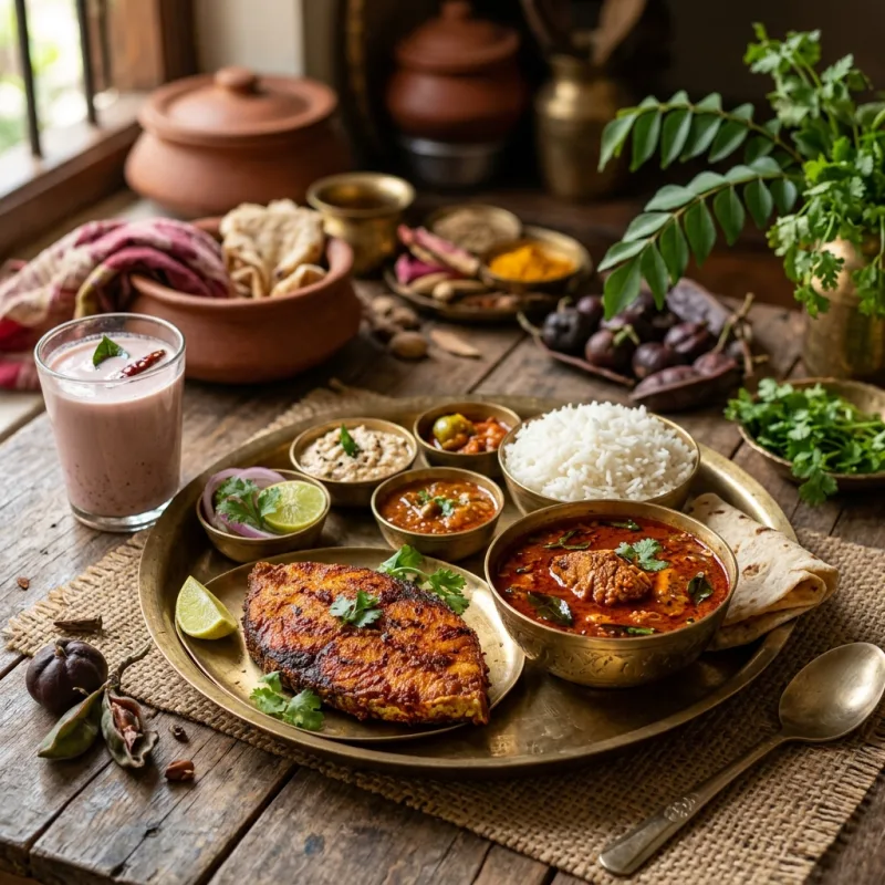 Traditional Malvani Surmai Thali with fried kingfish, fish curry, rice bhakri, and solkadhi