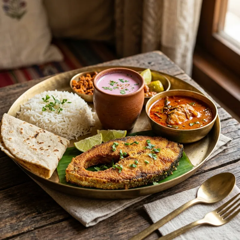 Authentic Malvani Surmai Thali with fried fish and pink Solkadhi