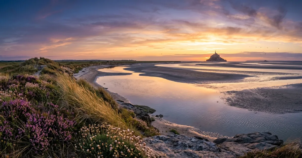 Panoramic sunset view across the tidal coast of Manche with Mont-Saint-Michel on the horizon