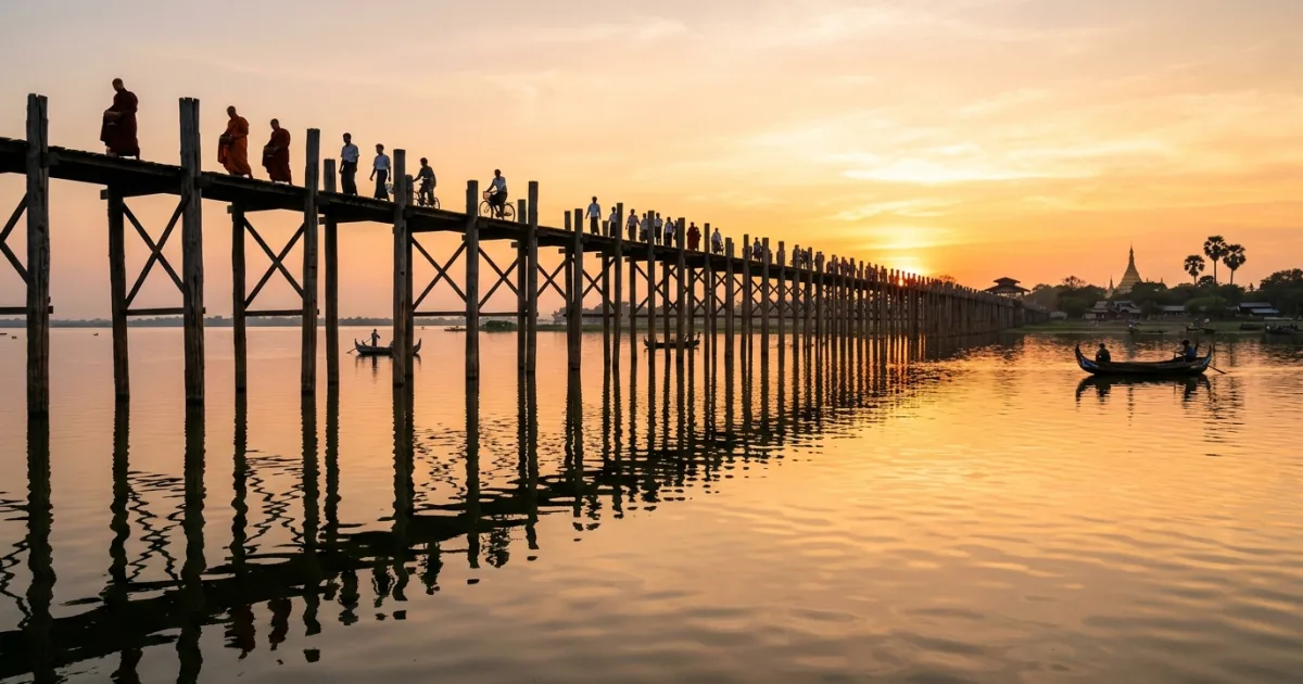 U Bein Bridge in Mandalay at golden sunset with people crossing the historic teak bridge