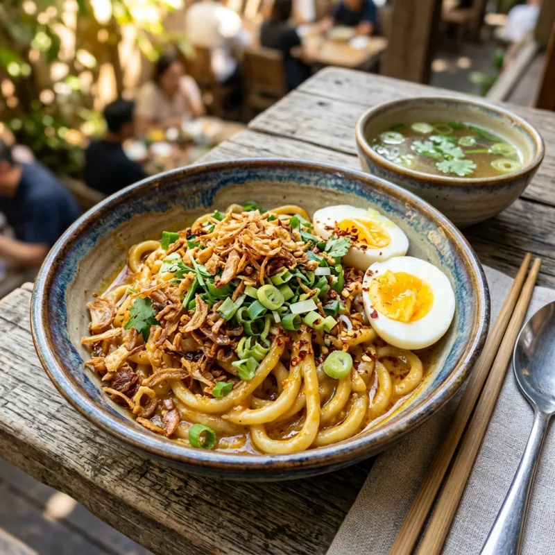Authentic bowl of Mandalay Mont Di noodles with traditional toppings