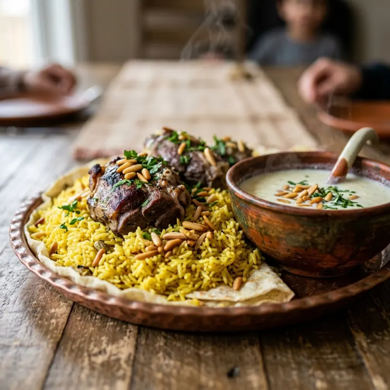 Authentic Jordanian Mansaf platter with tender lamb, yellow rice, toasted nuts, and jameed broth