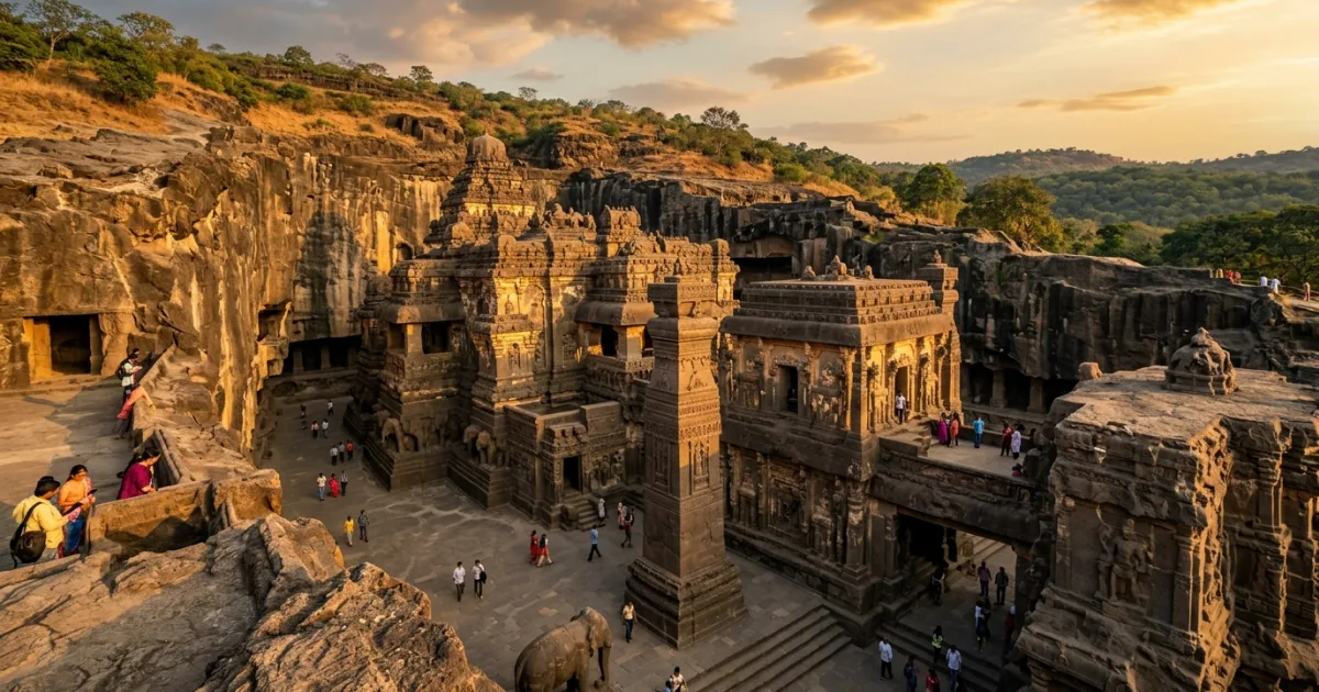 Panoramic view of the monolithic rock-cut Kailash Temple at Ellora in Marathwada