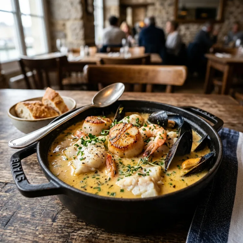 Traditional Marmite Dieppoise seafood stew in a pot