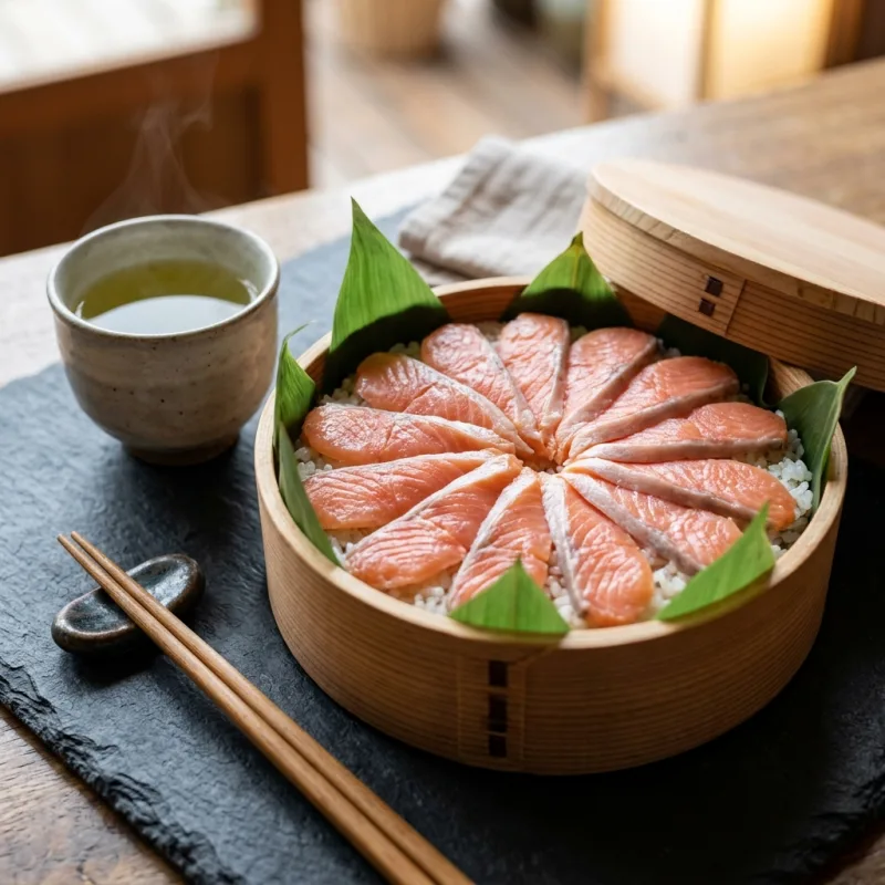 Authentic Toyama Masuzushi pressed trout sushi wrapped in green bamboo leaves inside a round wooden box