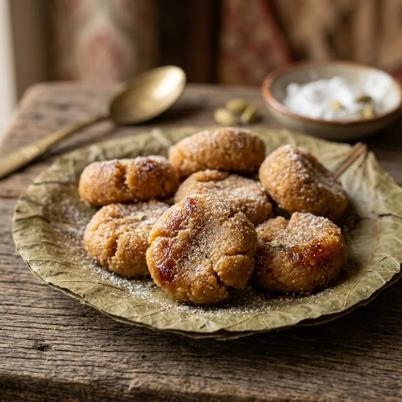 Authentic Mathura Ke Peda sweets dusted with sugar on a traditional leaf plate