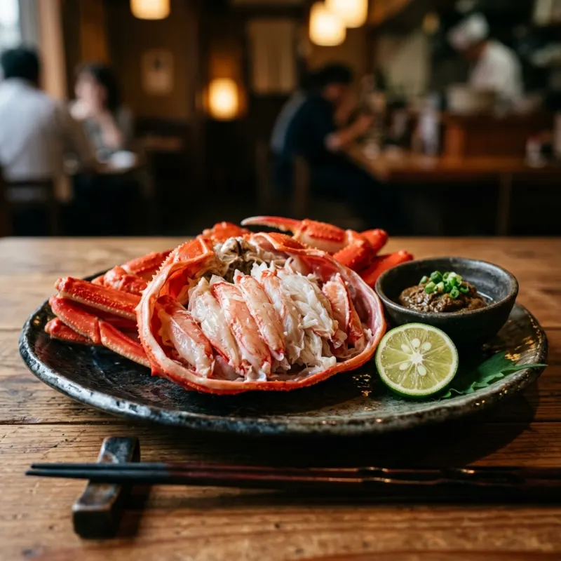 Freshly prepared Matsuba snow crab served on a Japanese ceramic platter