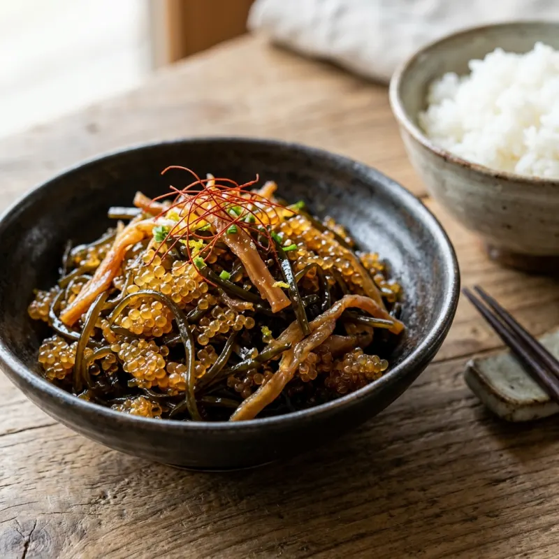 Authentic Matsumae-zuke dish featuring kelp, squid, and herring roe in a traditional ceramic bowl