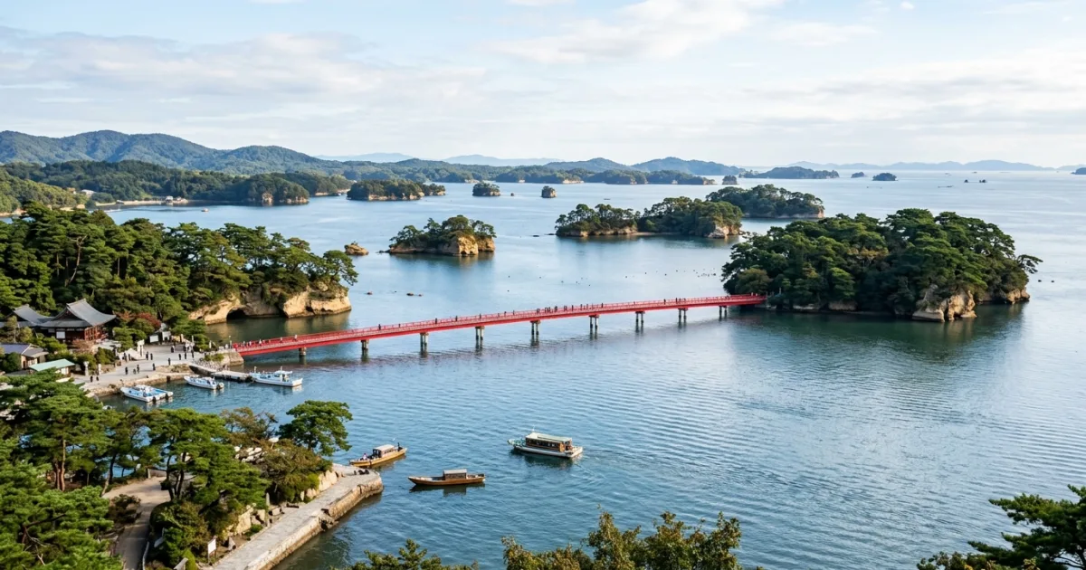 Travel Guides 6 Scenic view of pine-covered islands and the red bridge in Matsushima Bay