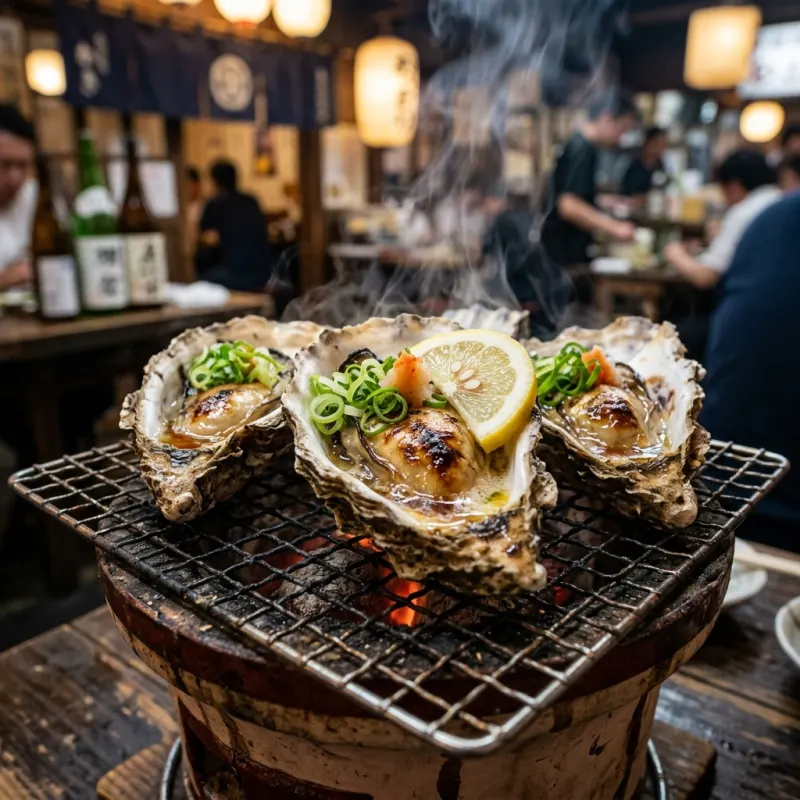 Grilled Matsushima Pacific oysters in shells on charcoal burner