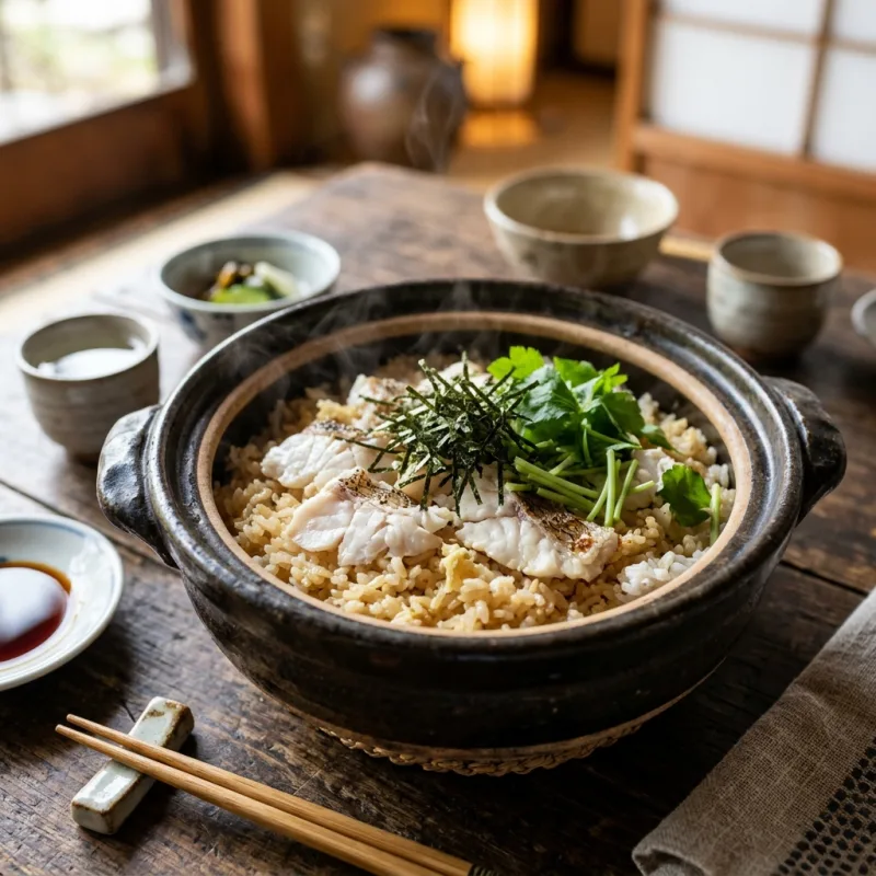 Matsuyama Taimeshi sea bream rice in an earthenware pot