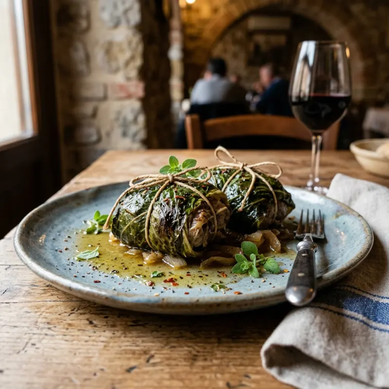 Mazzarelle Teramane traditional lamb and herb parcels served on a rustic plate
