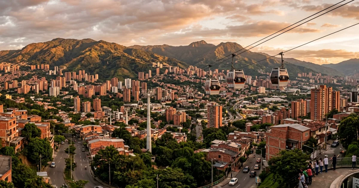 Panoramic golden hour view across the Medellin valley with cable cars and Andean mountains