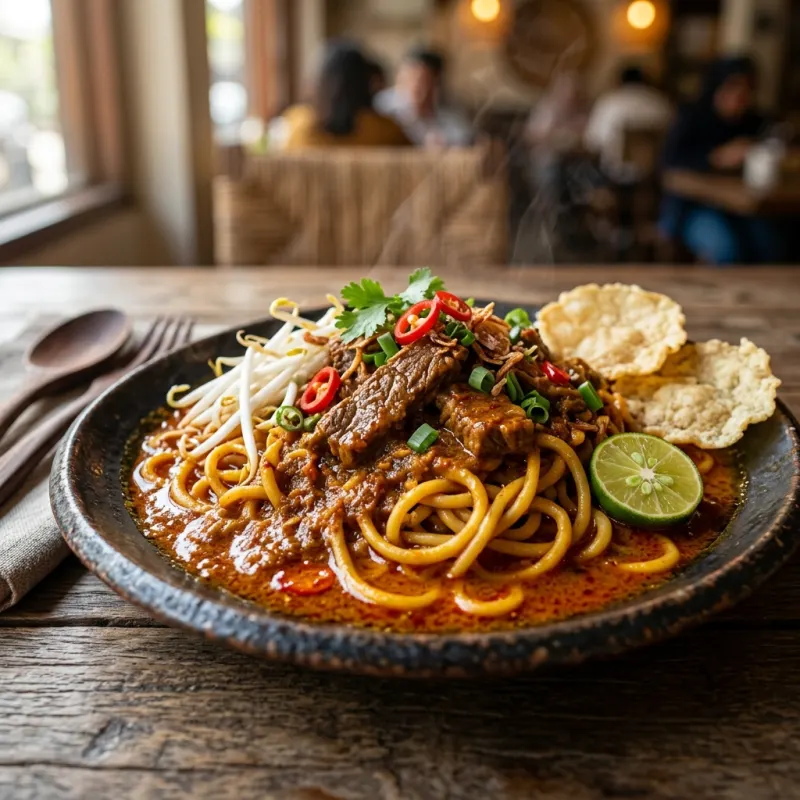 Authentic plate of spicy Mie Aceh noodles in thick curry sauce with garnish
