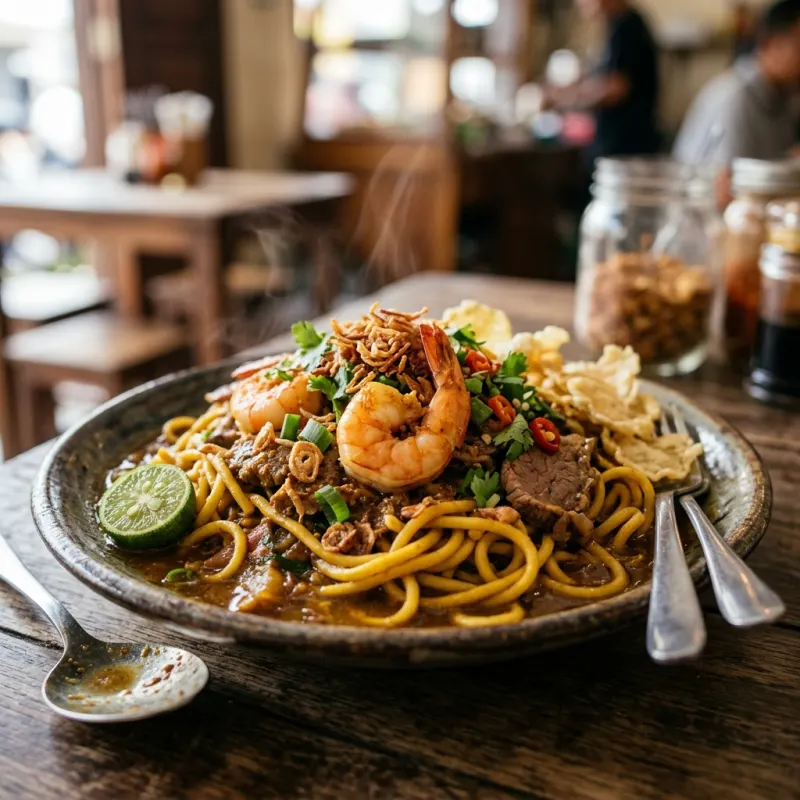 Authentic spicy Mie Aceh noodles served with prawns and garnishes