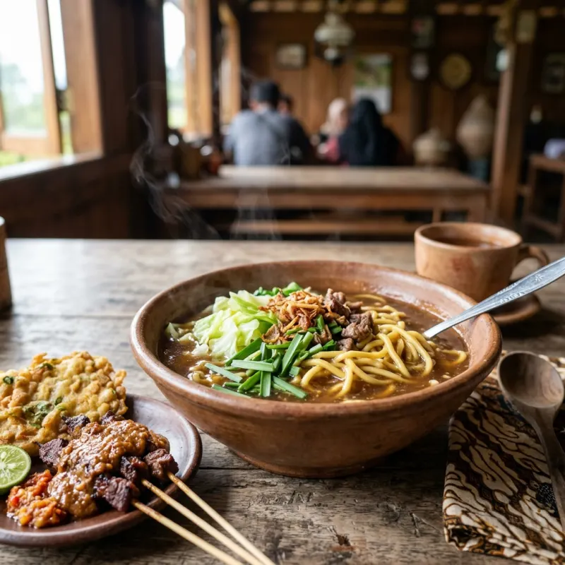 Authentic bowl of Javanese Mie Ongklok noodle soup with satay and tempeh in Dieng